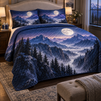 Moon Mountain Collector Bedding Set with flat printed optical 3D pearl moon, cobalt and amethyst cliffs and silver mist gorge
