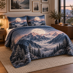 Moon Mountain Apartment Gallery Bedding Set with flat printed optical 3D ivory moon, ink-blue and dusty rose alpine peaks and silver firs