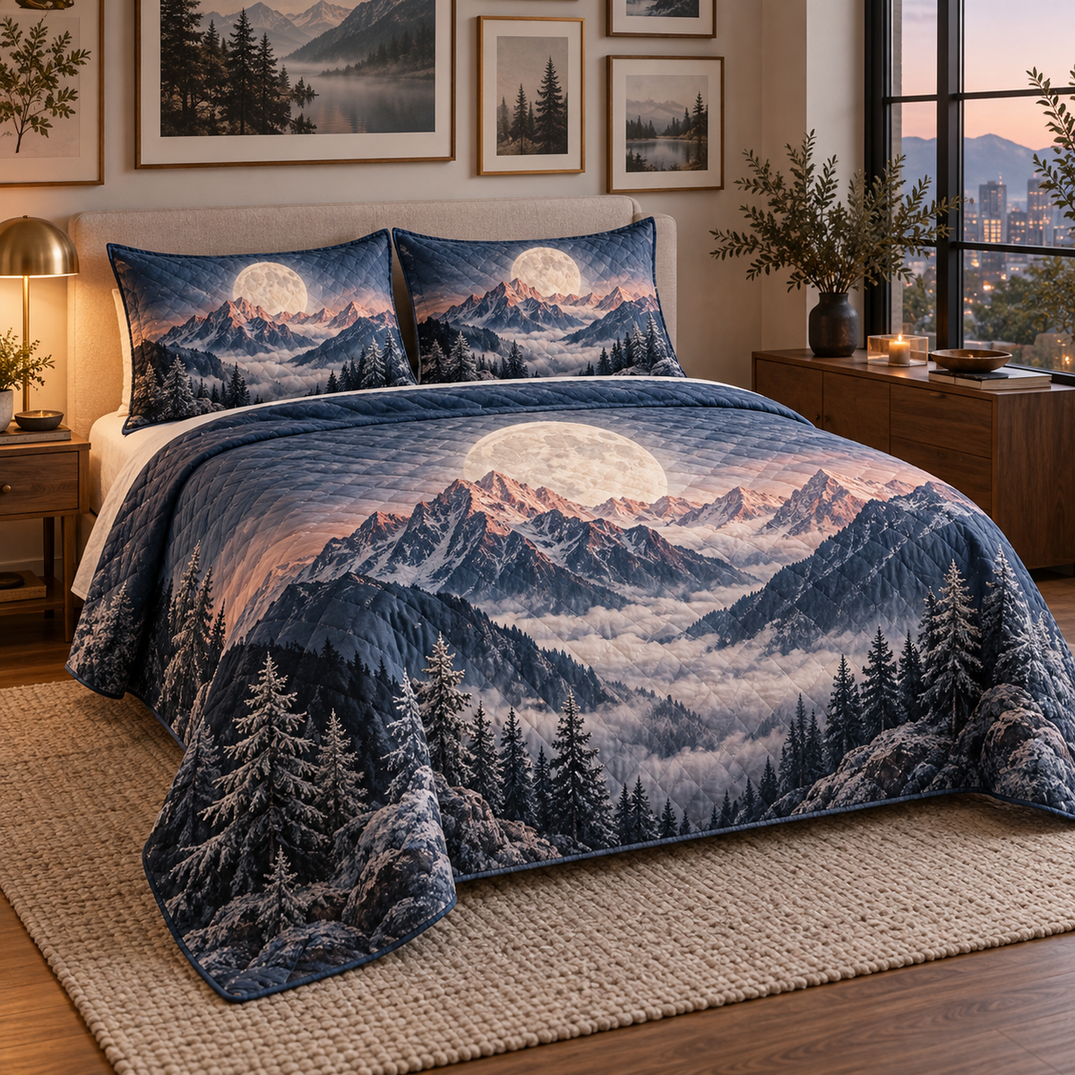 Moon Mountain Apartment Gallery Bedding Set with flat printed optical 3D ivory moon, ink-blue and dusty rose alpine peaks and silver firs