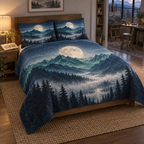 Moon Mountain Hobby Studio Bedding Set with flat printed optical 3D moonlit jade-teal ridges, silver-mist valley and pines
