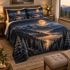 Moon Mountain Host Gift Bedding Set with flat printed optical 3D amber moon, midnight-blue and graphite ridges and copper mist