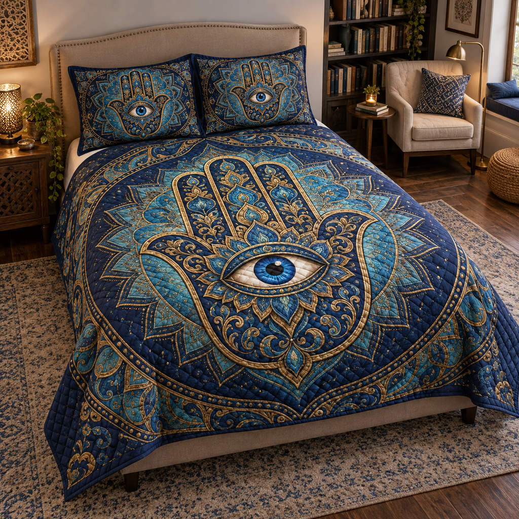 Hamsa Eye Reading Nook Bedding Set with flat printed optical 3D cobalt turquoise and antique-gold Hamsa hand, sapphire eye and geometric filigree