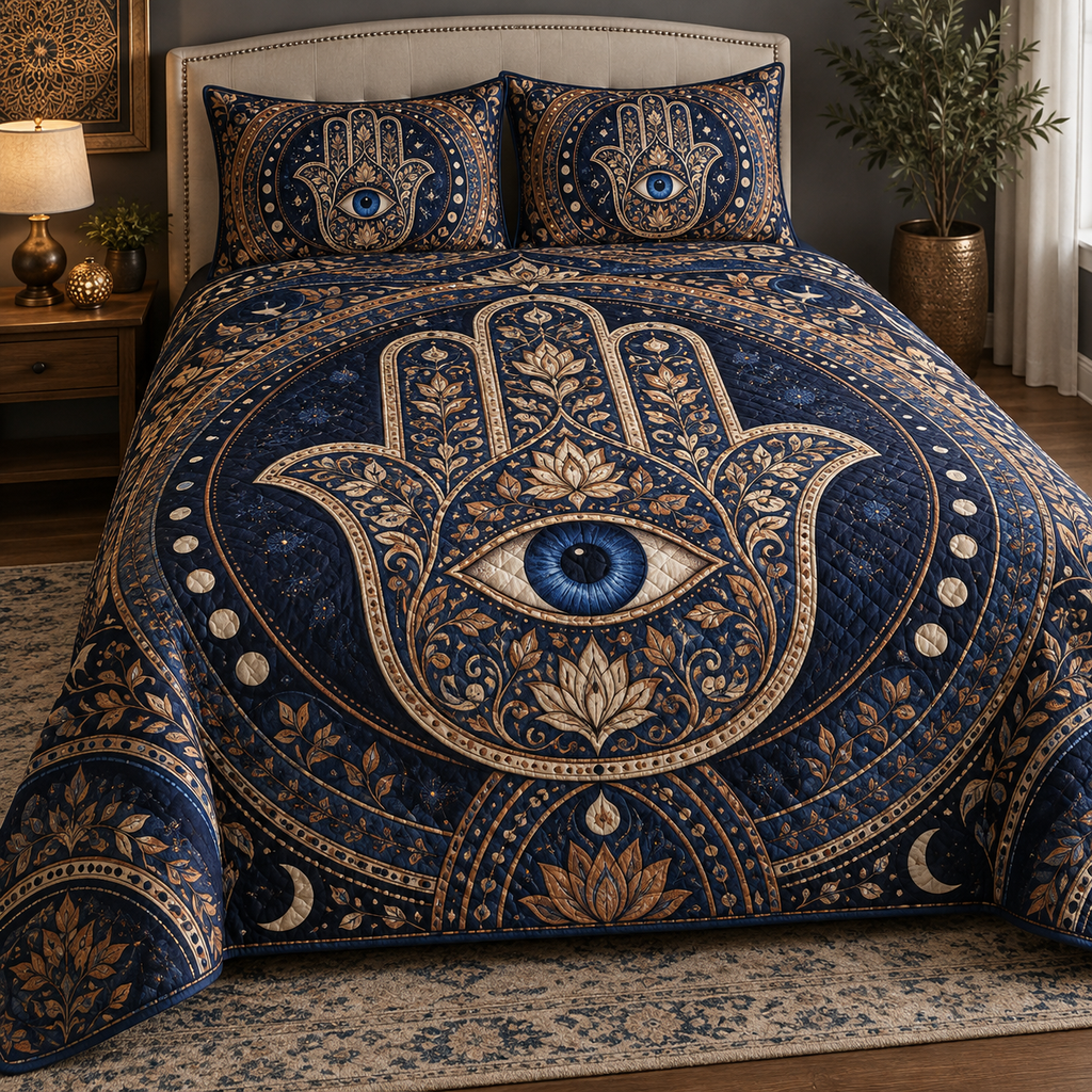 Hamsa Eye Bedroom Decor Bedding Set with flat printed optical 3D Hamsa hand, lapis-blue eye and indigo copper ivory filigree