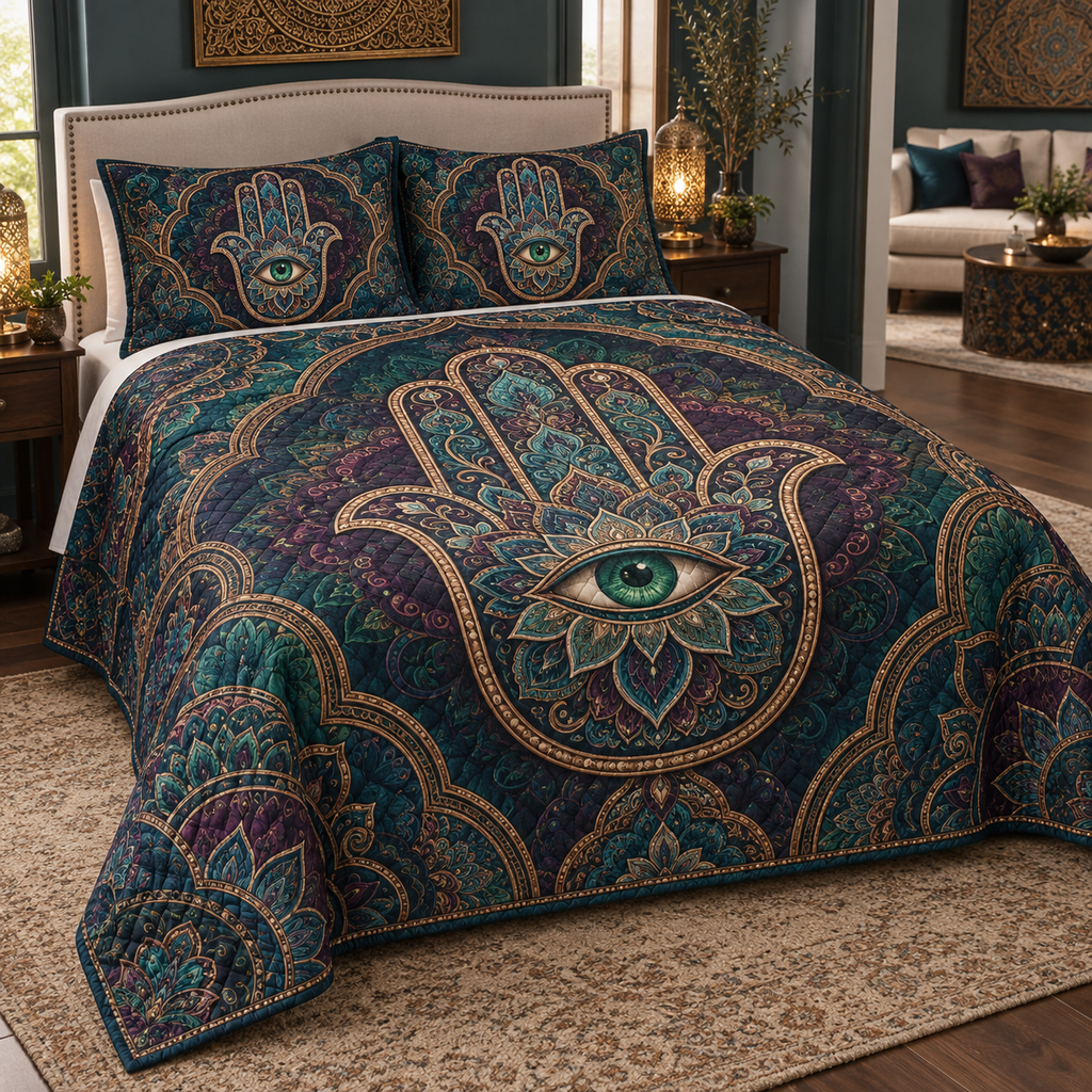 Hamsa Eye Living Room Bedding Set with flat printed optical 3D Hamsa hand, emerald eye and teal plum bronze filigree