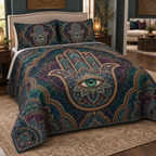 Hamsa Eye Living Room Bedding Set with flat printed optical 3D Hamsa hand, emerald eye and teal plum bronze filigree