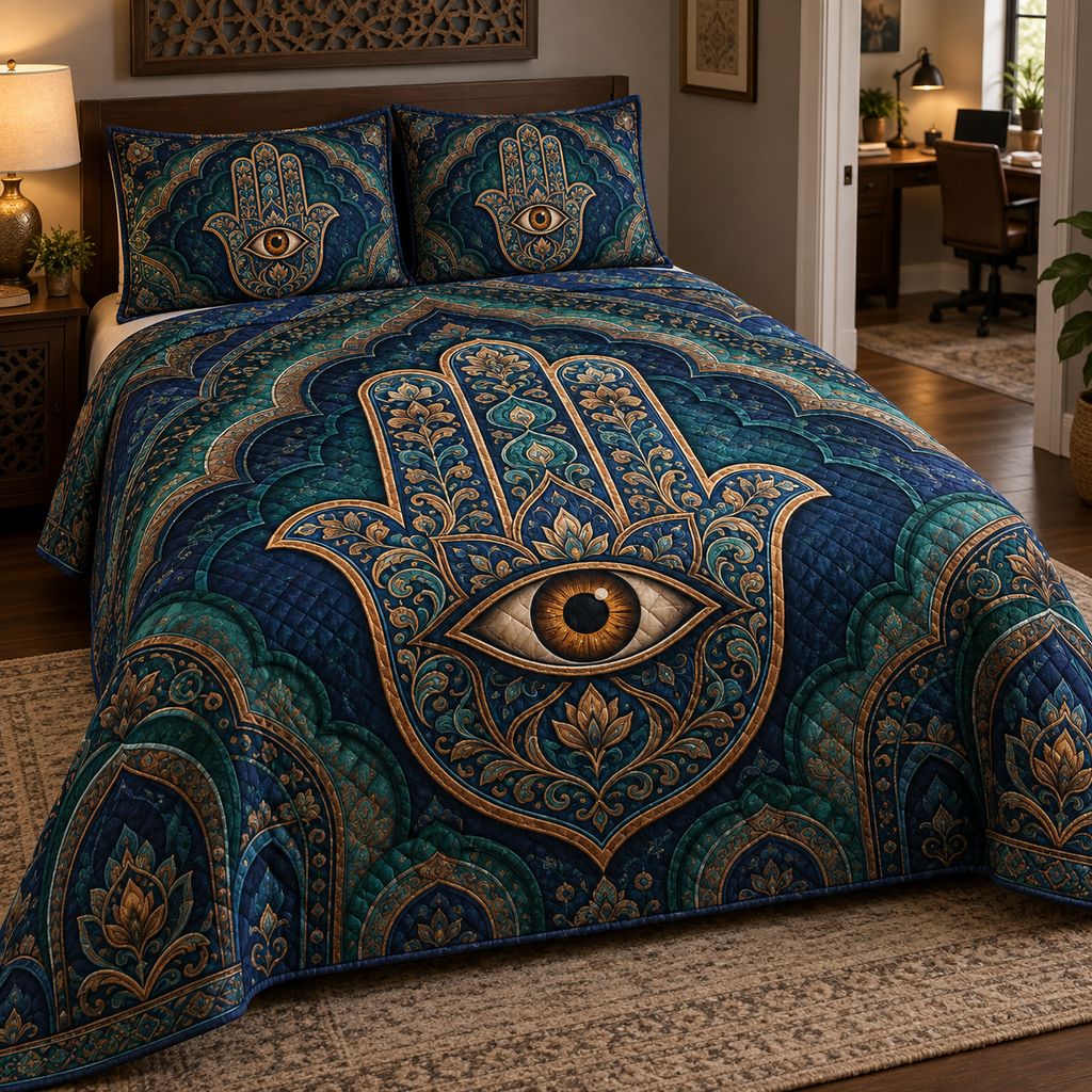 Hamsa Eye Home Office Bedding Set with flat printed optical 3D Hamsa hand, amber eye and ultramarine jade copper filigree