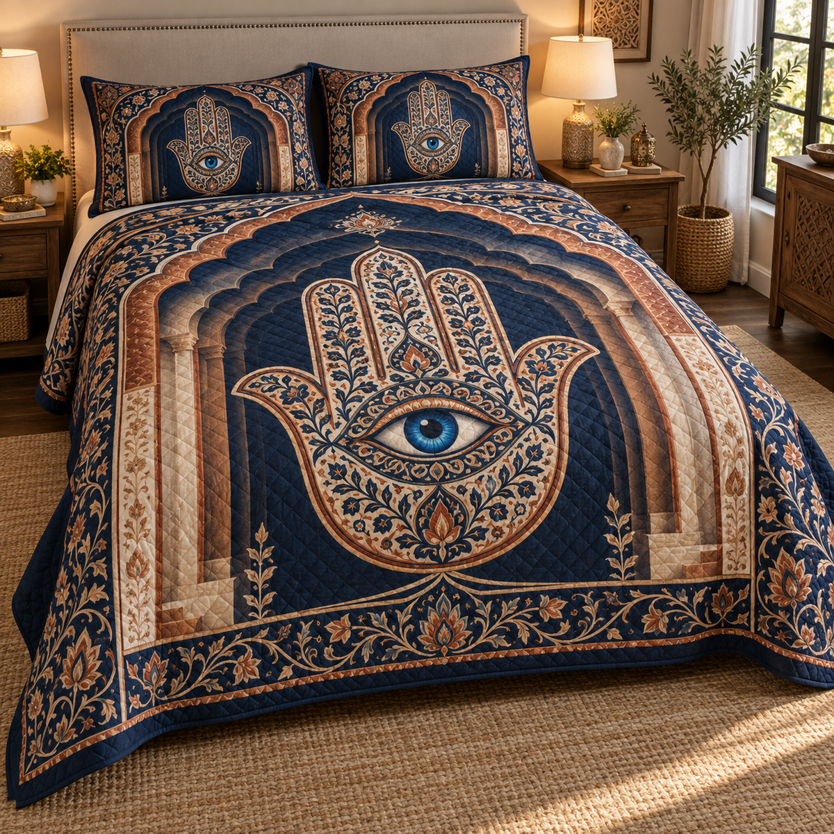 Hamsa Eye Housewarming Bedding Set with flat printed optical 3D Hamsa hand, sapphire eye and midnight-blue terracotta ivory filigree; no sample name shown