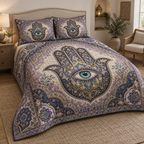 Hamsa Eye Quiet Corner Bedding Set with flat printed optical 3D Hamsa hand, aquamarine eye and lilac midnight-blue brass mosaic filigree