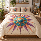 Hamsa Eye Collector Bedding Set with flat printed optical 3D Hamsa hand, dark sapphire eye and indigo oxidized-teal antique-bronze filigree