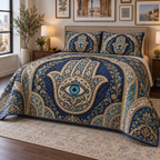 Hamsa Eye Apartment Gallery Bedding Set with flat printed optical 3D Hamsa hand, turquoise eye and indigo pearl old-gold mosaic filigree