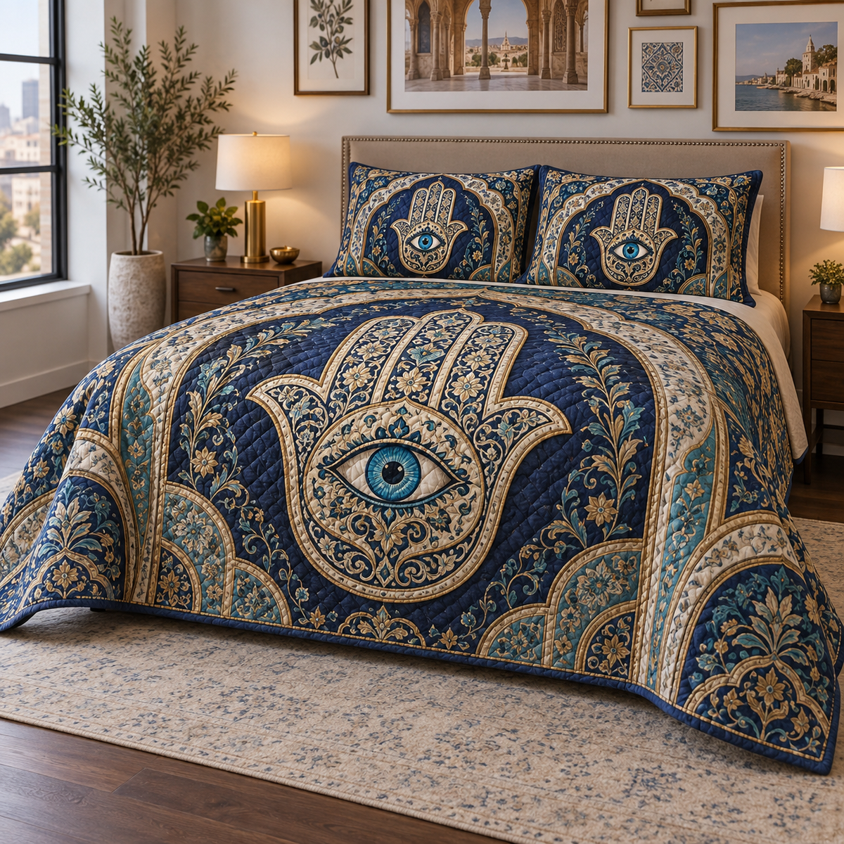 Hamsa Eye Apartment Gallery Bedding Set with flat printed optical 3D Hamsa hand, turquoise eye and indigo pearl old-gold mosaic filigree