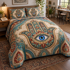 Hamsa Eye Hobby Studio Bedding Set with flat printed optical 3D Hamsa hand, cobalt eye and turquoise rust-red parchment filigree