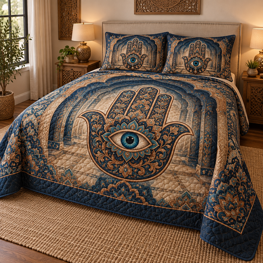 Hamsa Eye Host Gift Bedding Set with flat printed optical 3D Hamsa hand, deep teal eye and sapphire sand copper filigree