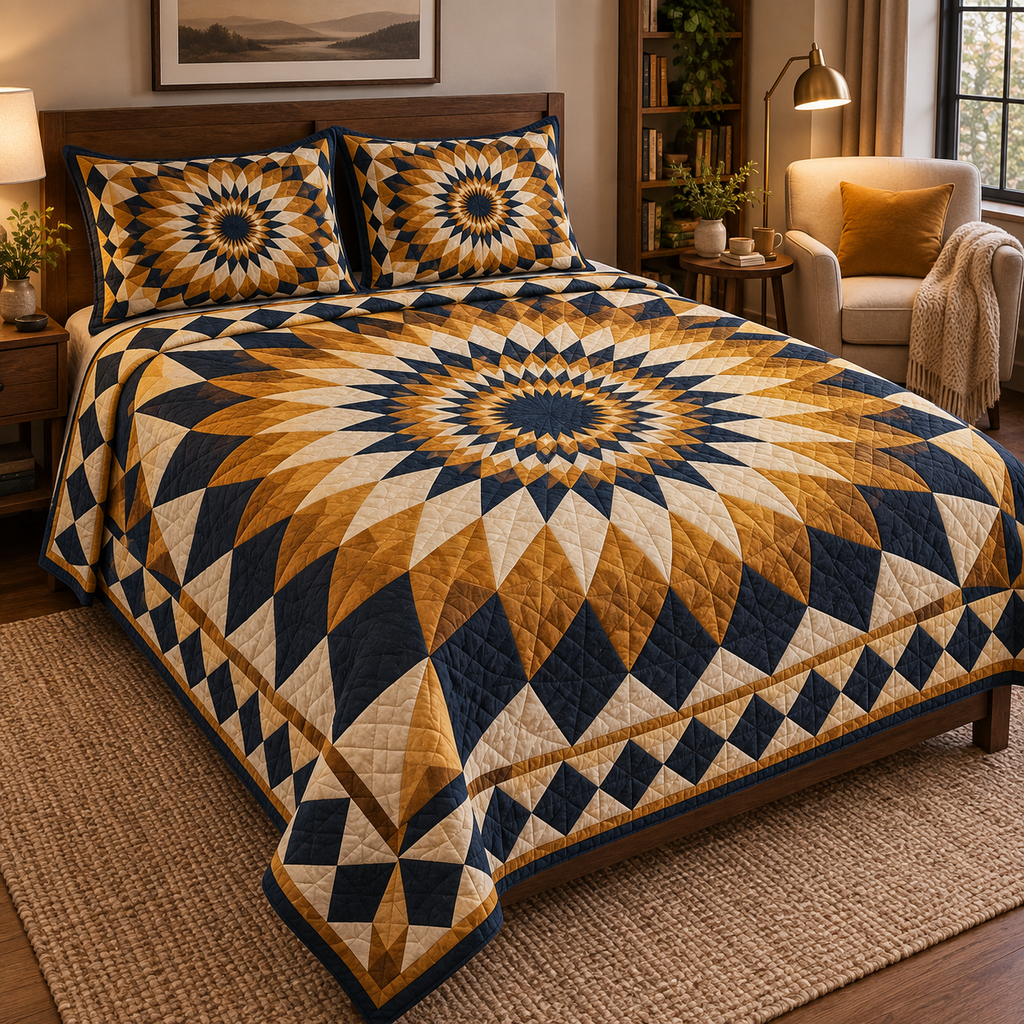 Geometric Sunburst Reading Nook Bedding Set with flat printed optical 3D faceted amber golden-ochre rays, navy and cream tessellated bands