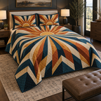 Geometric Sunburst Bedroom Decor Bedding Set with flat printed optical 3D burnt-orange and antique-gold sunburst rays with petrol-blue ivory bands