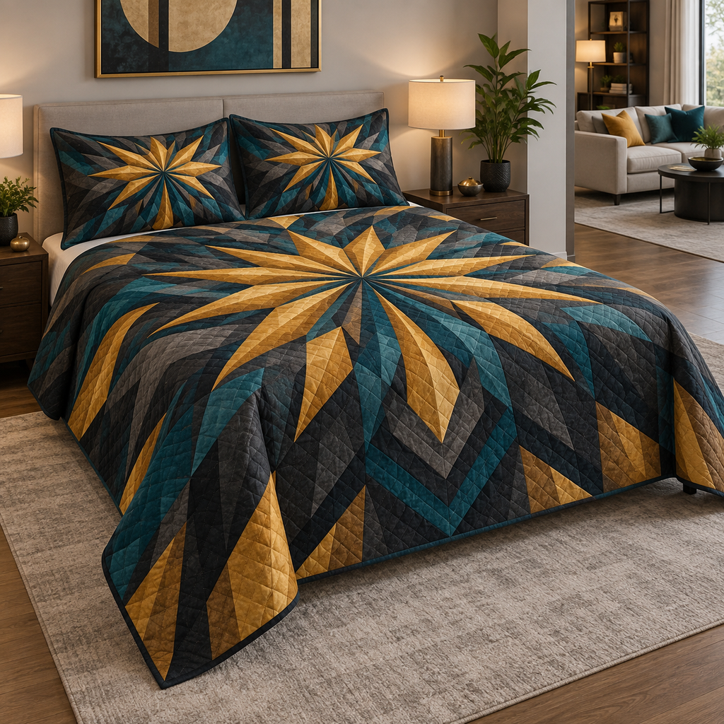 Geometric Sunburst Living Room Bedding Set with flat printed optical 3D saffron-gold sunburst rays and charcoal deep-teal chevrons