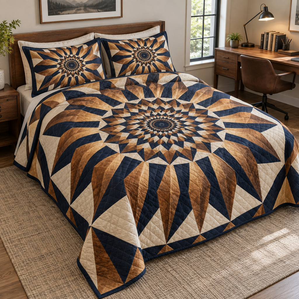Geometric Sunburst Home Office Bedding Set with flat printed optical 3D copper-gold sunburst rays and navy-ivory chevrons