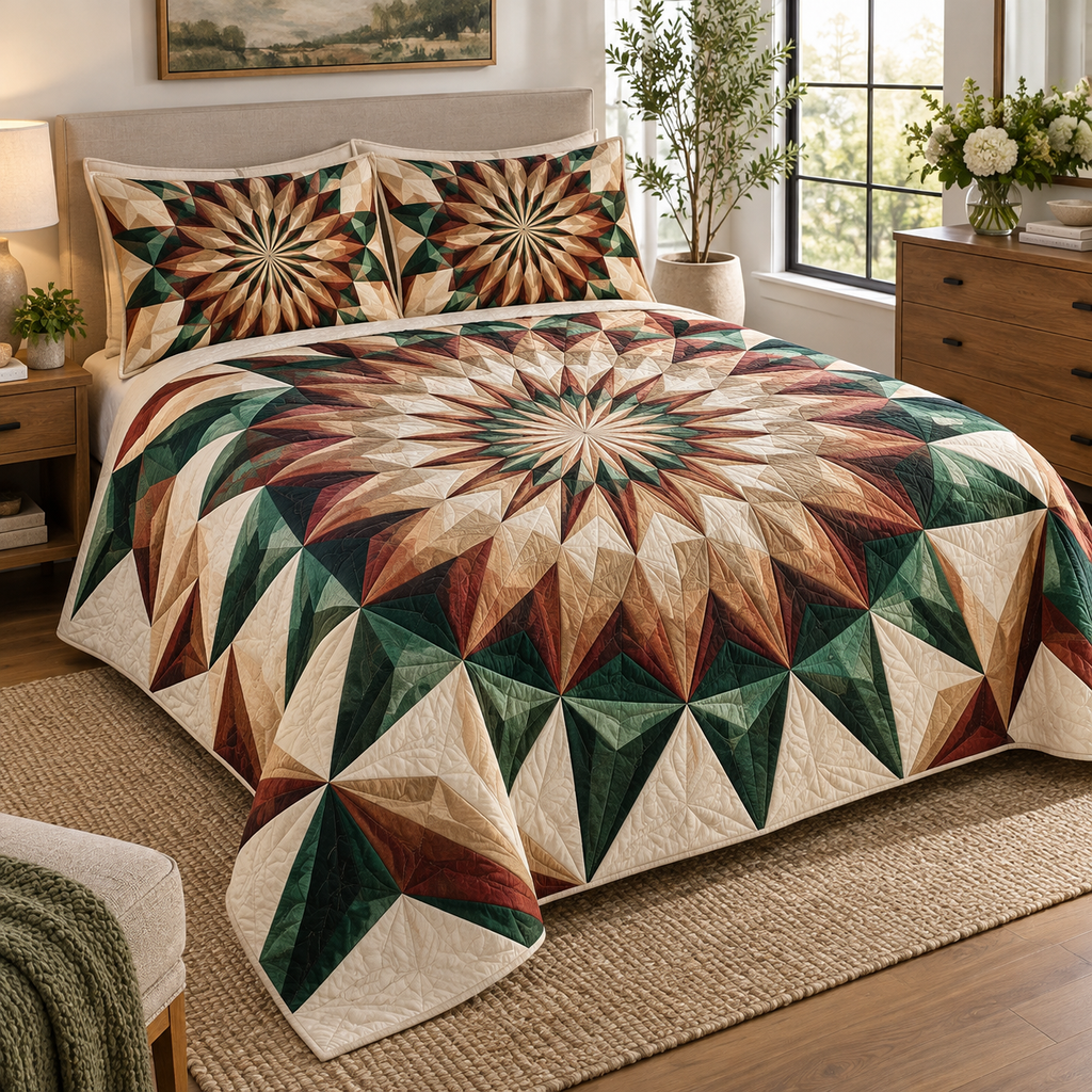 Geometric Sunburst Housewarming Bedding Set with flat printed optical 3D copper-champagne sunburst rays and emerald-ivory facets
