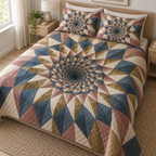 Geometric Sunburst Quiet Corner Bedding Set with flat printed optical 3D dusty-rose and antique-brass sunburst rays and slate-blue facets