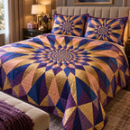 Geometric Sunburst Collector Bedding Set with flat printed optical 3D amethyst and warm-gold sunburst rays and cobalt-peach facets