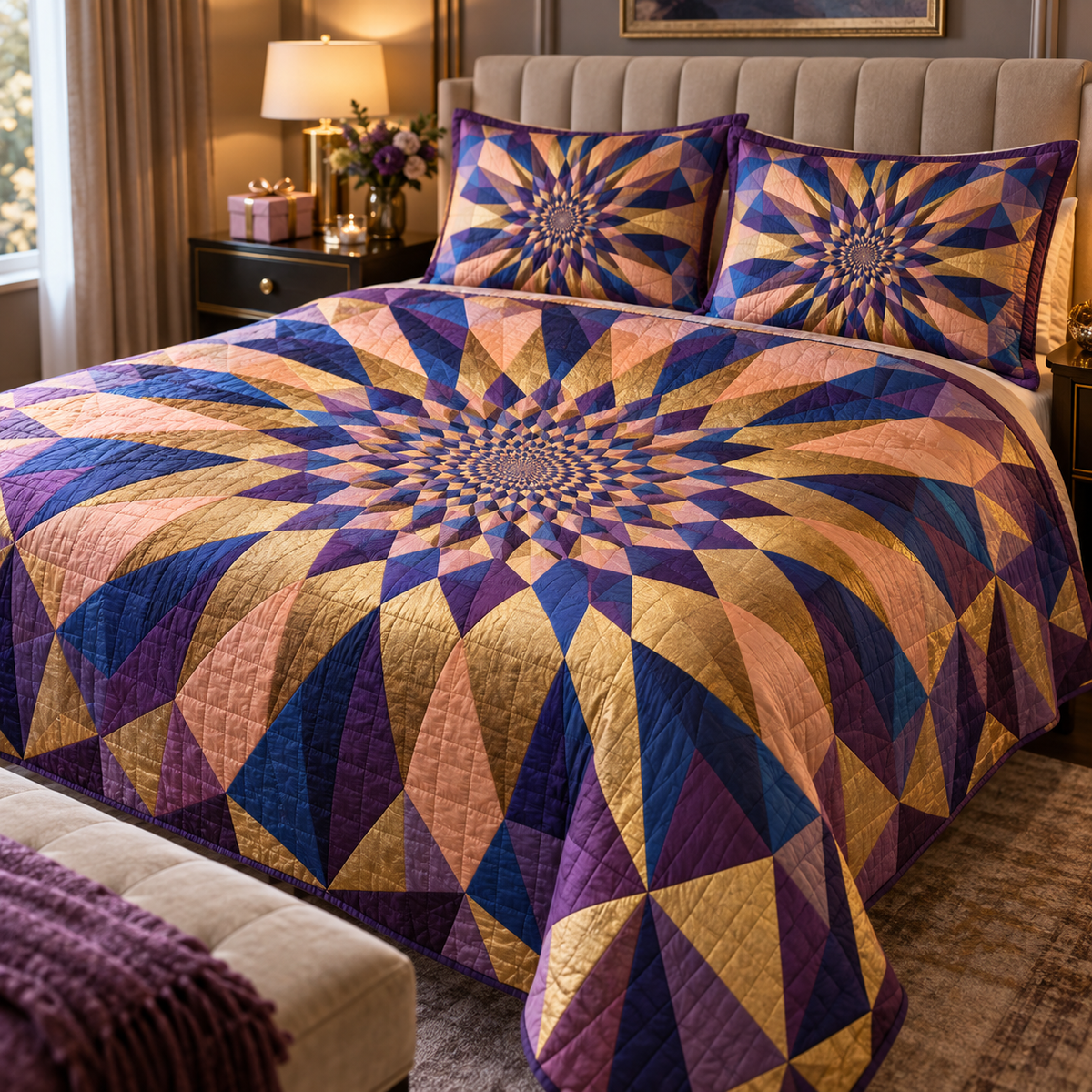 Geometric Sunburst Collector Bedding Set with flat printed optical 3D amethyst and warm-gold sunburst rays and cobalt-peach facets