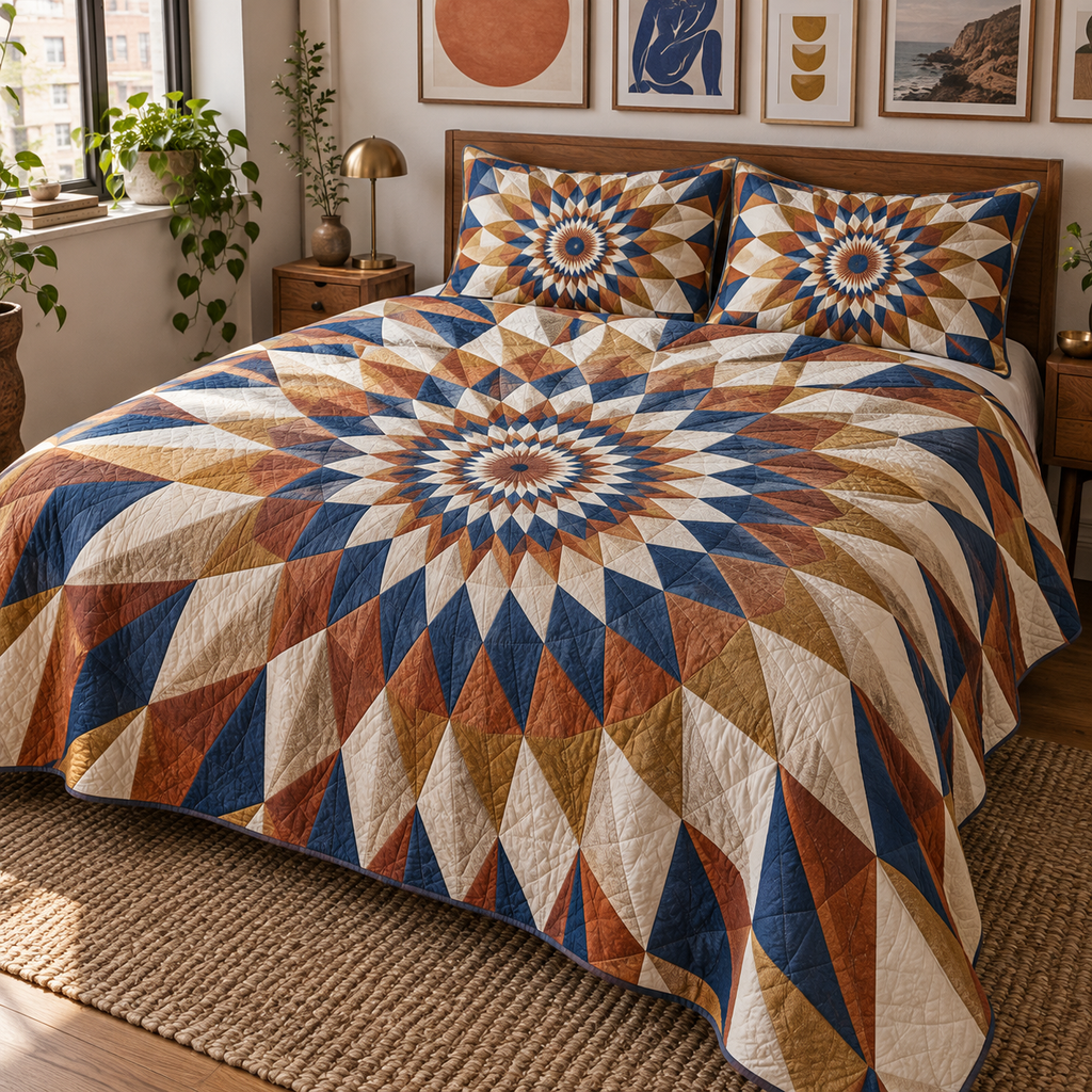 Geometric Sunburst Apartment Bedding Set with flat printed optical 3D terracotta and ultramarine sunburst rays and ivory facets