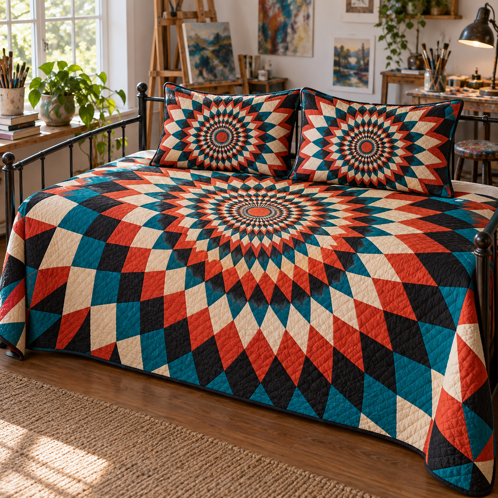 Geometric Sunburst Hobby Studio Bedding Set with flat printed optical 3D vermilion and teal sunburst rays and ivory facets