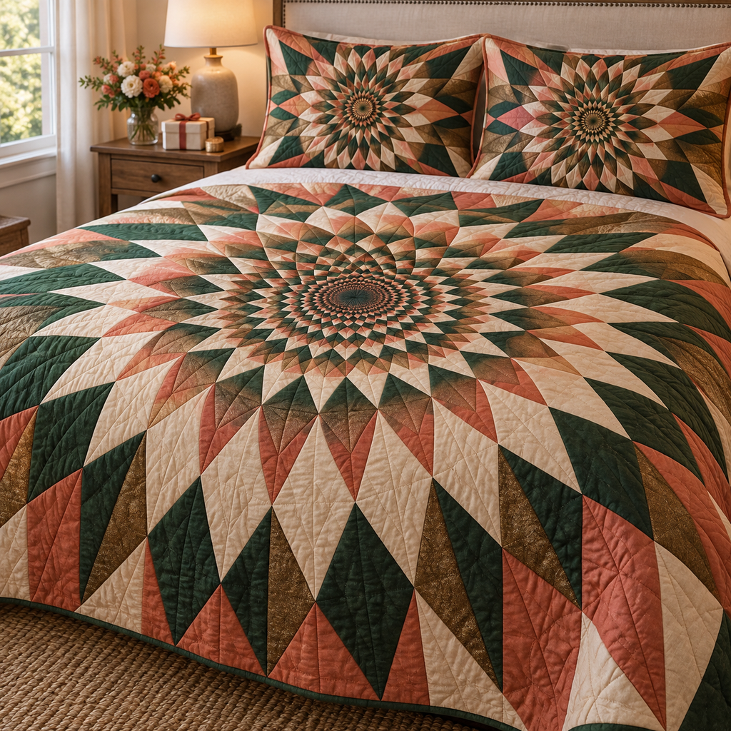 Geometric Sunburst Host Gift Bedding Set with flat printed optical 3D sunset-coral and forest-green sunburst rays and cream facets