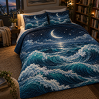 Celestial Ocean Tide Reading Nook Bedding Set with flat printed optical 3D indigo-turquoise moonlit waves and silver-white crescent