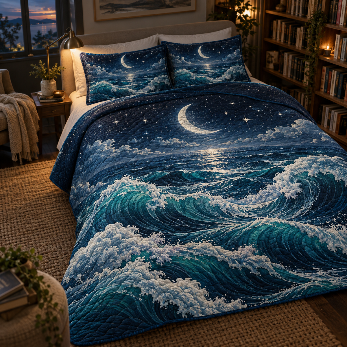 Celestial Ocean Tide Reading Nook Bedding Set with flat printed optical 3D indigo-turquoise moonlit waves and silver-white crescent