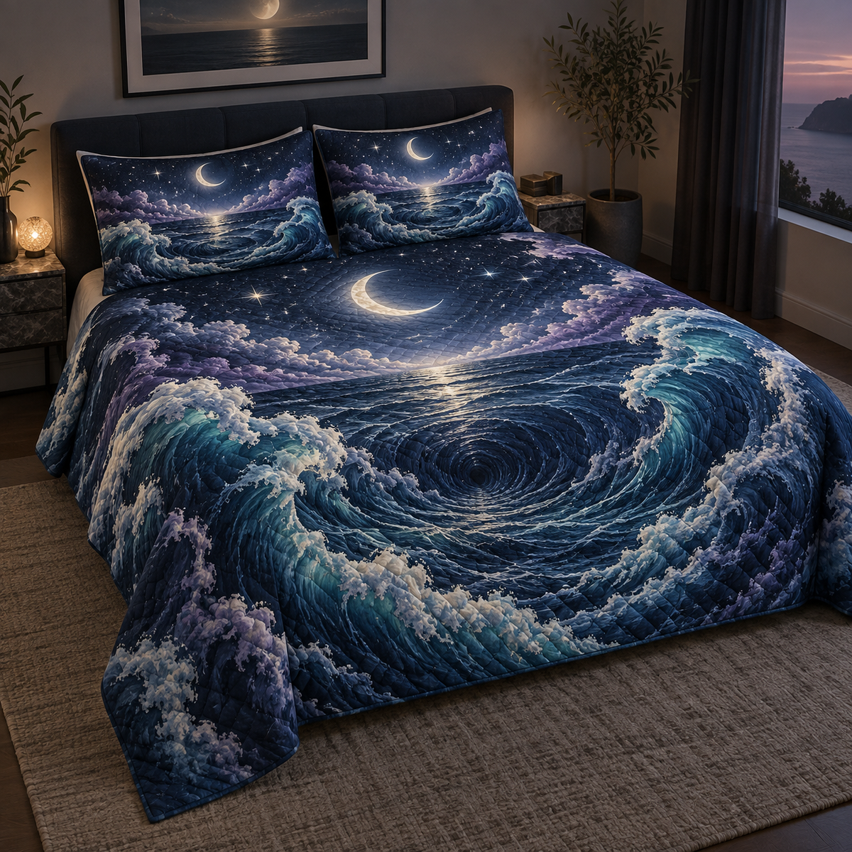 Celestial Ocean Tide Bedroom Bedding Set with flat printed optical 3D midnight-navy and aqua moonlit waves and pearl-white crescent