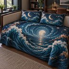 Celestial Ocean Tide Home Office Bedding Set with flat printed optical 3D deep-teal and cobalt moonlit waves and moonstone-white crescent