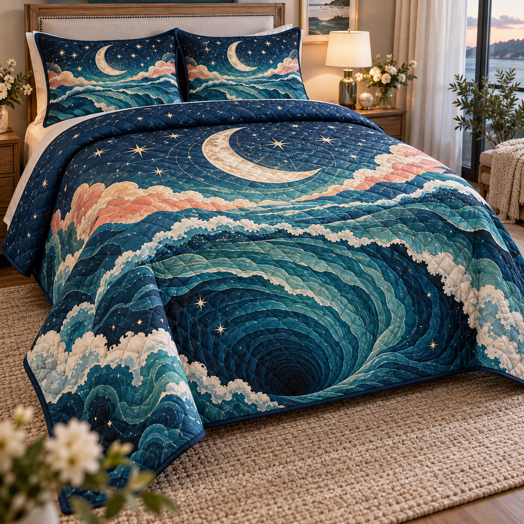 Celestial Ocean Tide Housewarming Bedding Set with flat printed optical 3D sapphire and jade-teal moonlit tide arcs and ivory crescent
