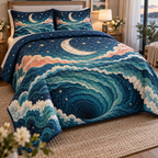 Celestial Ocean Tide Housewarming Bedding Set with flat printed optical 3D sapphire and jade-teal moonlit tide arcs and ivory crescent