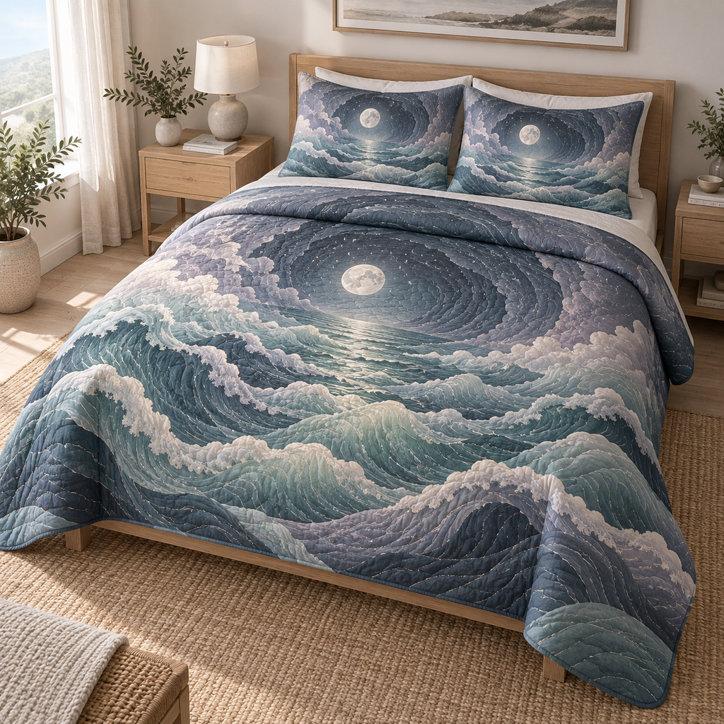 Celestial Ocean Tide Quiet Corner Bedding Set with flat printed optical 3D seafoam and dusk-blue moonlit waves and pearl-white crescent