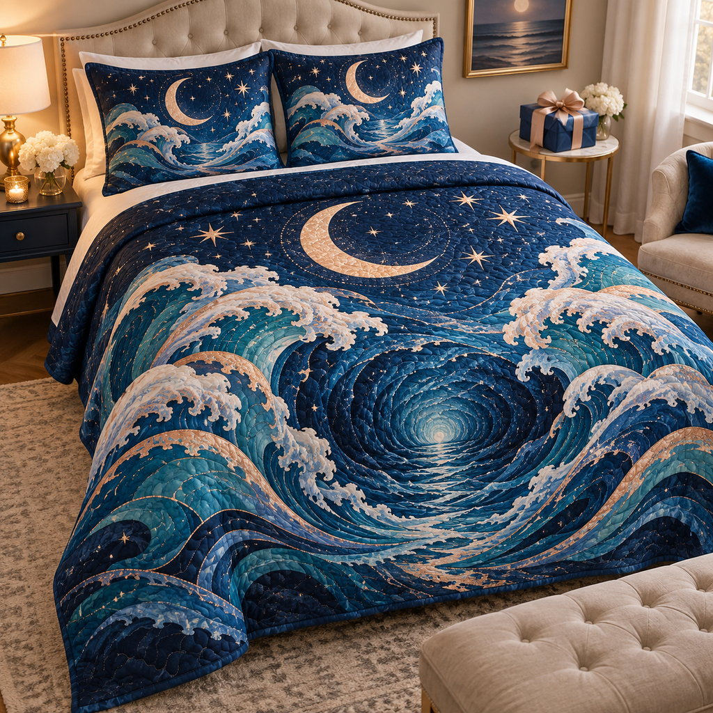 Celestial Ocean Tide Collector Bedding Set with flat printed optical 3D royal-blue and turquoise moonlit waves and pearl-white crescent