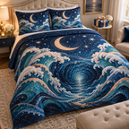 Celestial Ocean Tide Collector Bedding Set with flat printed optical 3D royal-blue and turquoise moonlit waves and pearl-white crescent