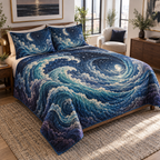 Celestial Ocean Tide Apartment Bedding Set with flat printed optical 3D ultramarine-aquamarine moonlit waves and ivory crescent