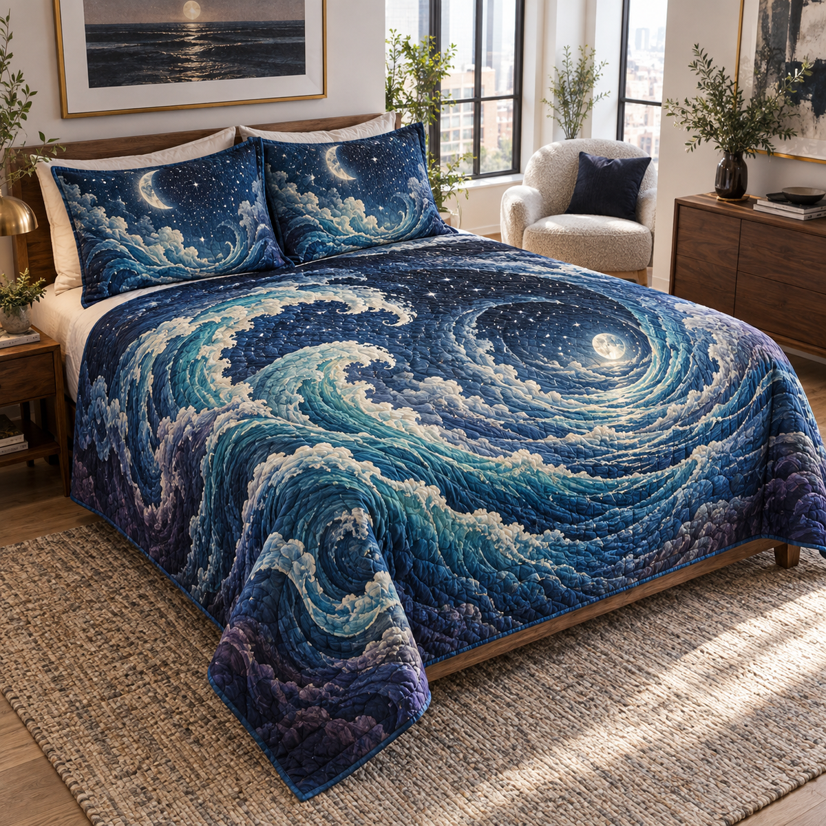 Celestial Ocean Tide Apartment Bedding Set with flat printed optical 3D ultramarine-aquamarine moonlit waves and ivory crescent