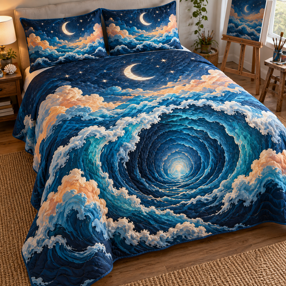 Celestial Ocean Tide Hobby Studio Bedding Set with flat printed optical 3D ink-blue and cyan moonlit waves and pearl-white crescent