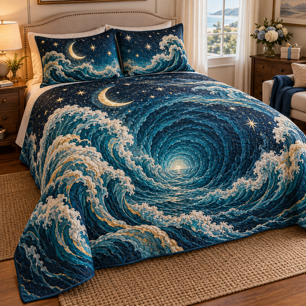 Celestial Ocean Tide Host Gift Bedding Set with flat printed optical 3D teal-blue and indigo moonlit waves and pearl-white crescent