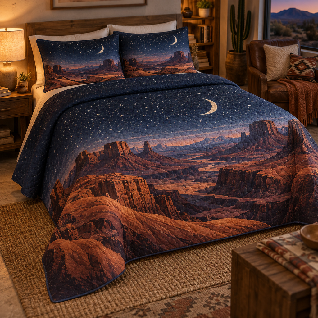 Desert Night Sky Reading Nook Bedding Set with flat printed optical 3D indigo night sky, terracotta dunes and pale moon