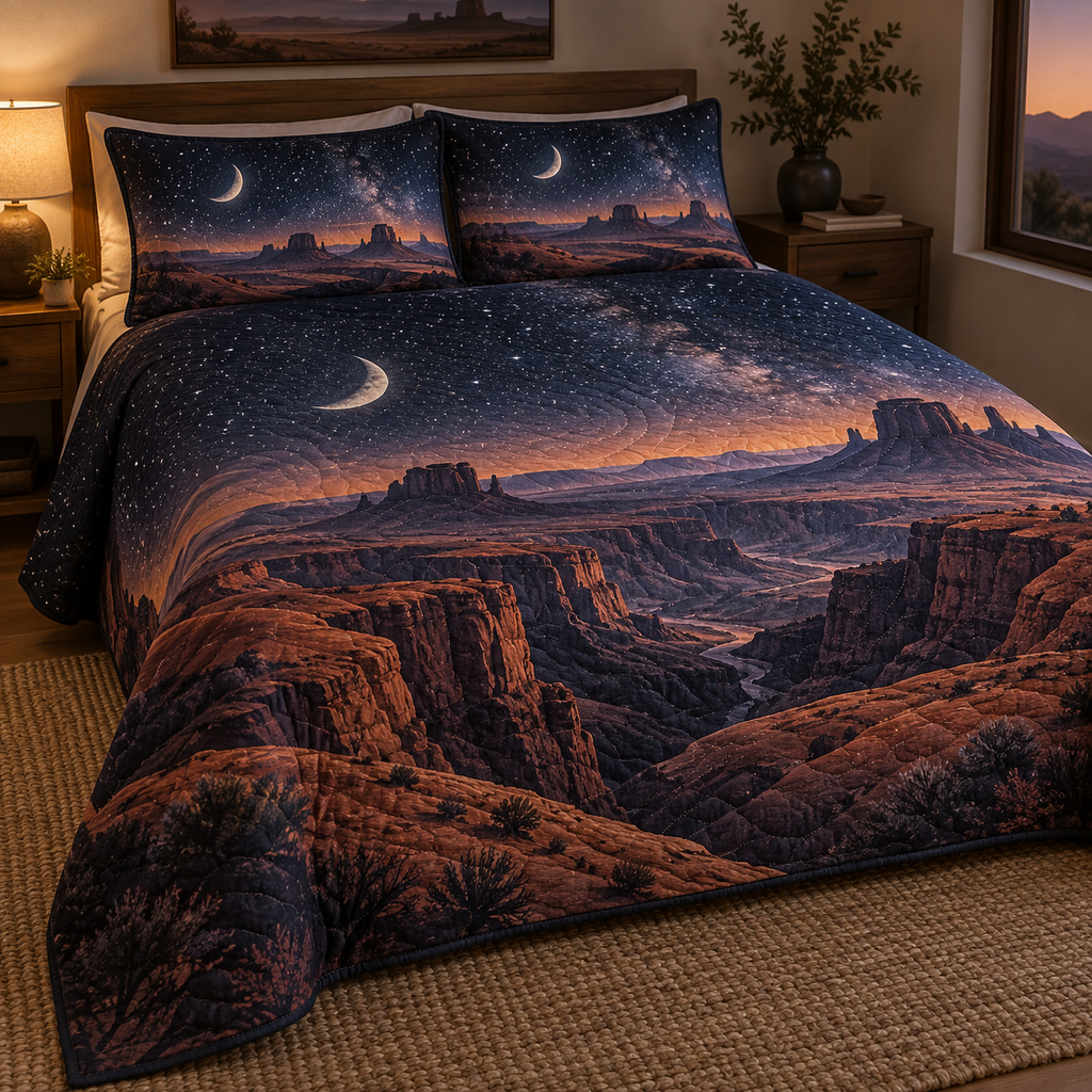Desert Night Sky Bedroom Bedding Set with flat printed optical 3D midnight-violet starfield, terracotta dunes and pale moon