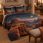 Desert Night Sky Living Room Bedding Set with flat printed optical 3D indigo starfield, burnt-sienna dunes and pale moon
