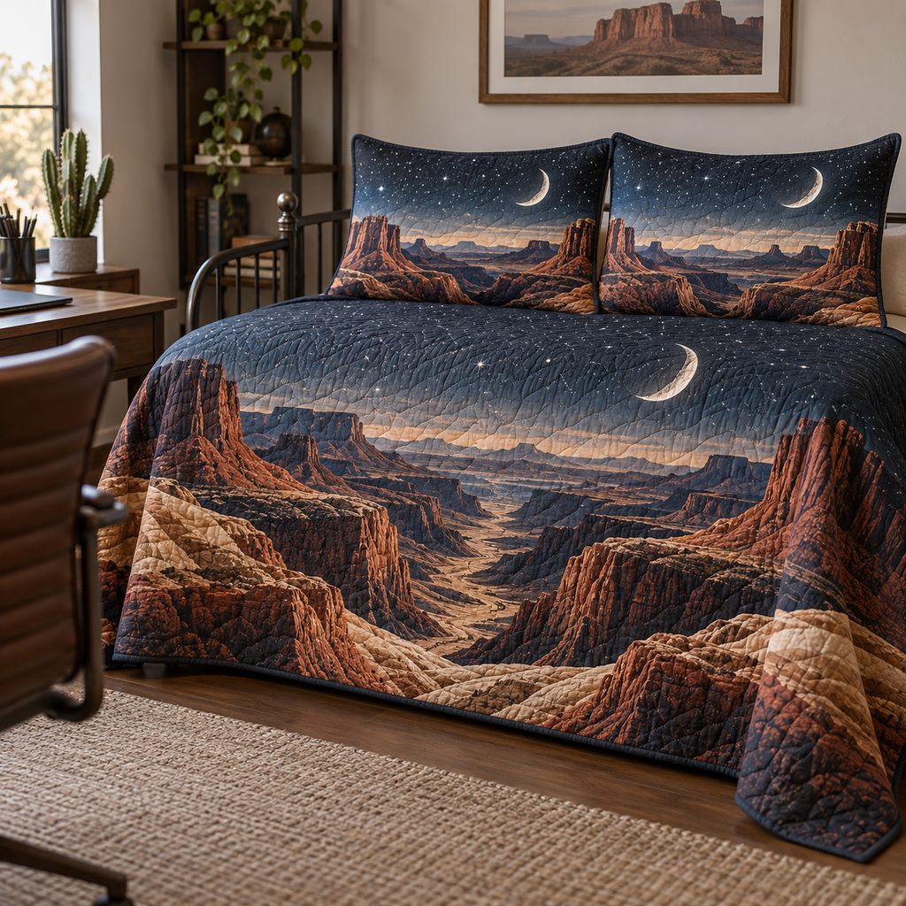 Desert Night Sky Home Office Bedding Set with flat printed optical 3D blue-black starfield, rust sandstone dunes and pale moon