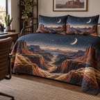Desert Night Sky Home Office Bedding Set with flat printed optical 3D blue-black starfield, rust sandstone dunes and pale moon