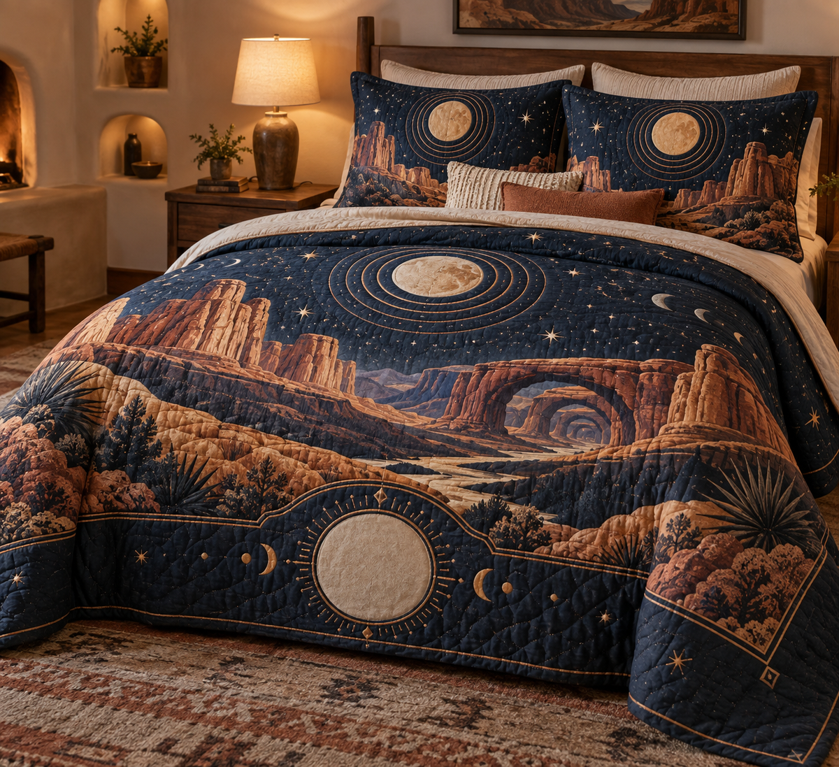 Desert Night Sky Housewarming Bedding Set with flat printed optical 3D indigo stars, copper moon and terracotta desert mesas