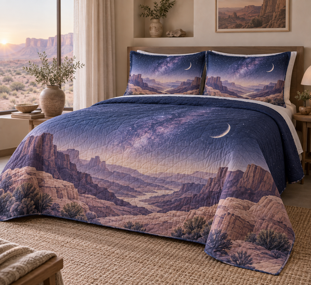 Desert Night Sky Quiet Corner Bedding Set with flat printed optical 3D indigo stars, muted rose canyon terraces and moon halo