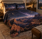 Desert Night Sky Birthday Bedding Set with flat printed optical 3D midnight stars, copper crescent and violet desert mesas