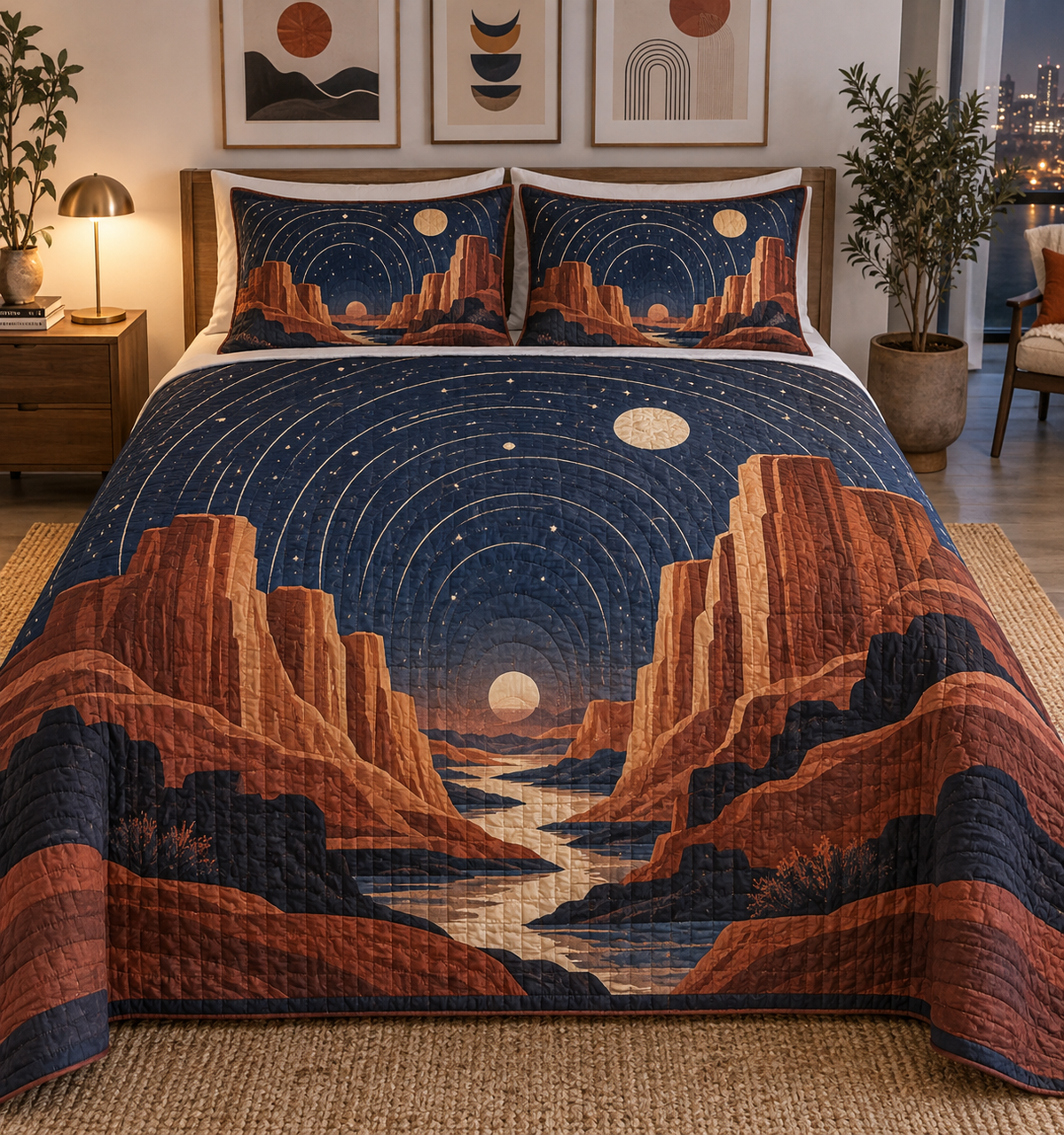 Desert Night Sky Gallery Bedding Set with flat printed optical 3D cobalt stars, ivory crescent and sienna desert mesas